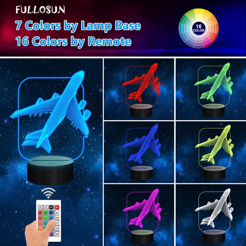 FULLOSUN Aircraft Airplane 3D Night Light Kids Bedside Lamp 16 Colors Changing with Remote Control Xmas Halloween Birthday Gift for Child Baby Boy - Image 2